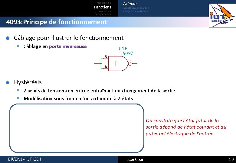 Présentation Fonctions Réalisation Compte rendu Astable Adaptation en courant Interface de puissance 4093: Principe