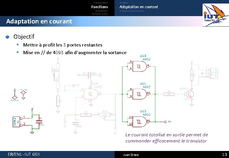 Présentation Fonctions Réalisation Compte rendu Astable Adaptation en courant Interface de puissance Adaptation en