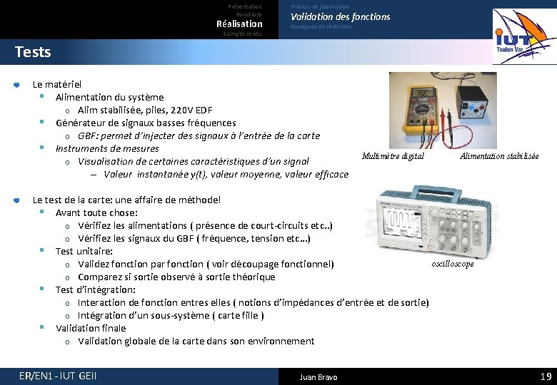 Présentation Fonctions Réalisation Compte rendu Process de fabrication Validation des fonctions Consignes de rédaction