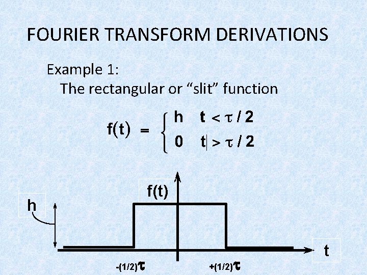 FOURIER TRANSFORM DERIVATIONS Example 1: The rectangular or “slit” function f(t) h t -(1/2) FOURIER TRANSFORM DERIVATIONS Example 1: The rectangular or “slit” function f(t) h t -(1/2)