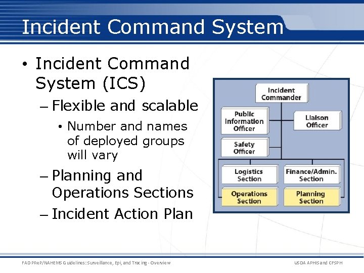 Incident Command System • Incident Command System (ICS) – Flexible and scalable • Number