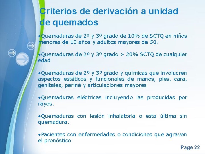 Criterios de derivación a unidad de quemados • Quemaduras de 2º y 3º grado Criterios de derivación a unidad de quemados • Quemaduras de 2º y 3º grado