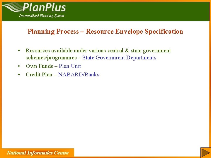 Decentralized Planning System Planning Process – Resource Envelope Specification • Resources available under various