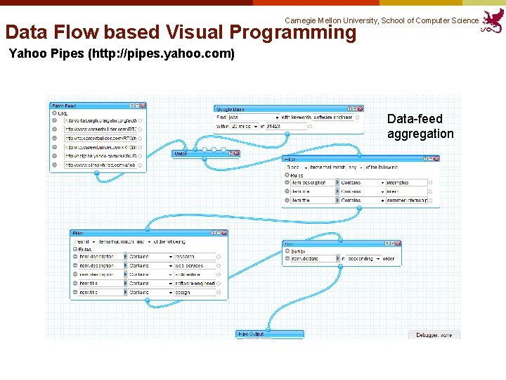 Carnegie Mellon University, School of Computer Science Data Flow based Visual Programming Yahoo Pipes Carnegie Mellon University, School of Computer Science Data Flow based Visual Programming Yahoo Pipes