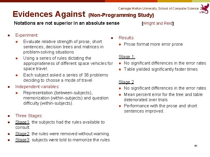 Evidences Against Carnegie Mellon University, School of Computer Science (Non-Programming Study) Notations are not Evidences Against Carnegie Mellon University, School of Computer Science (Non-Programming Study) Notations are not