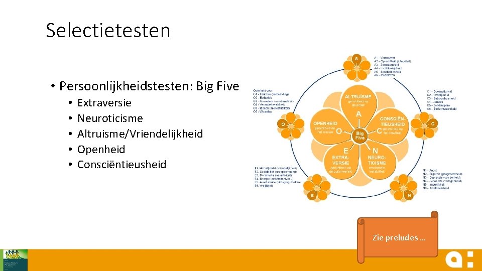 Selectietesten • Persoonlijkheidstesten: Big Five • • • Extraversie Neuroticisme Altruisme/Vriendelijkheid Openheid Consciëntieusheid Zie