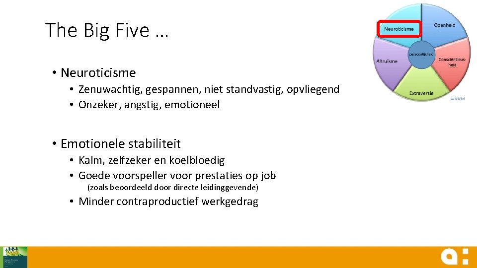 The Big Five … • Neuroticisme • Zenuwachtig, gespannen, niet standvastig, opvliegend • Onzeker,