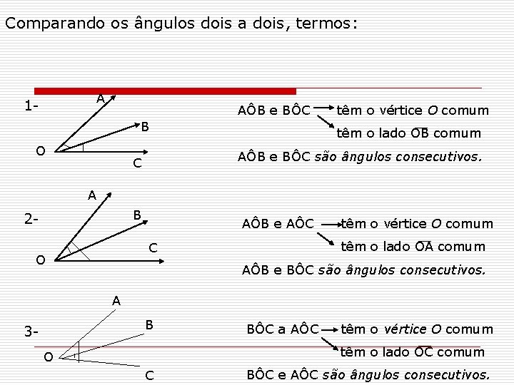 Comparando os ângulos dois a dois, termos: A 1 - AÔB e BÔC B Comparando os ângulos dois a dois, termos: A 1 - AÔB e BÔC B