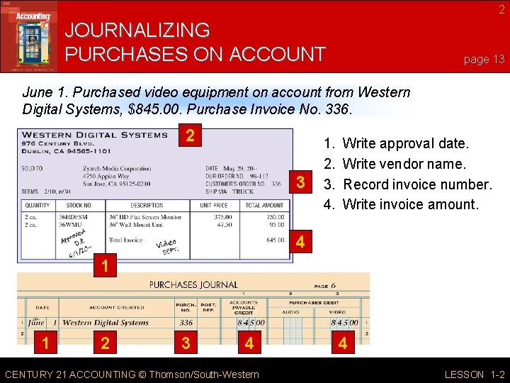 2 JOURNALIZING PURCHASES ON ACCOUNT page 13 June 1. Purchased video equipment on account