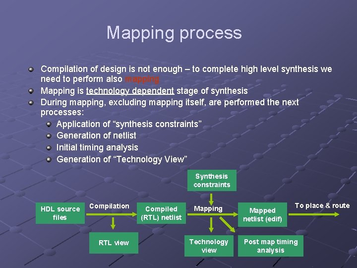 Mapping process Compilation of design is not enough – to complete high level synthesis