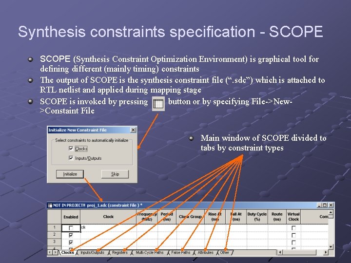 Synthesis constraints specification - SCOPE (Synthesis Constraint Optimization Environment) is graphical tool for defining