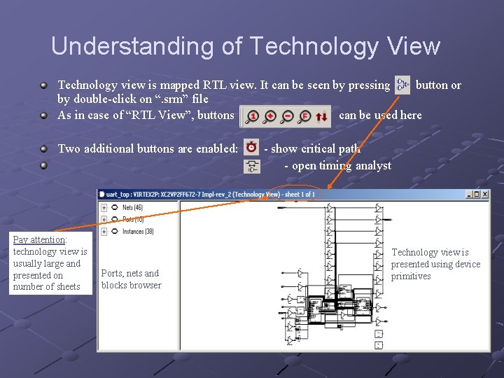 Understanding of Technology View Technology view is mapped RTL view. It can be seen