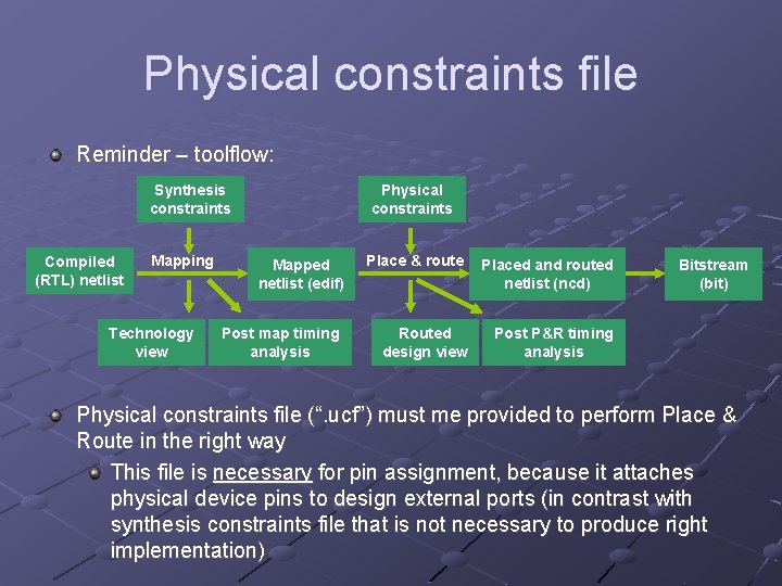Physical constraints file Reminder – toolflow: Synthesis constraints Compiled (RTL) netlist Mapping Technology view