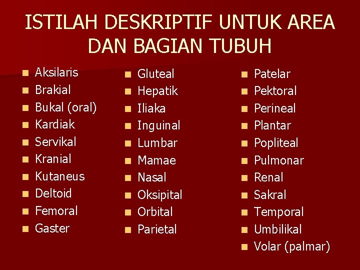 ISTILAH DESKRIPTIF UNTUK AREA DAN BAGIAN TUBUH n n n n n Aksilaris Brakial