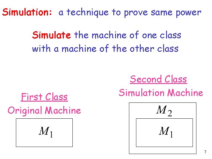 Simulation: a technique to prove same power Simulate the machine of one class with