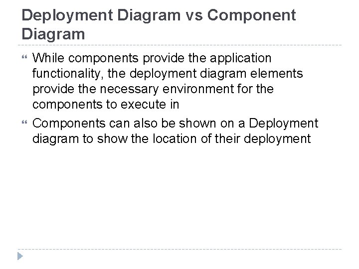 Deployment Diagram vs Component Diagram While components provide the application functionality, the deployment diagram