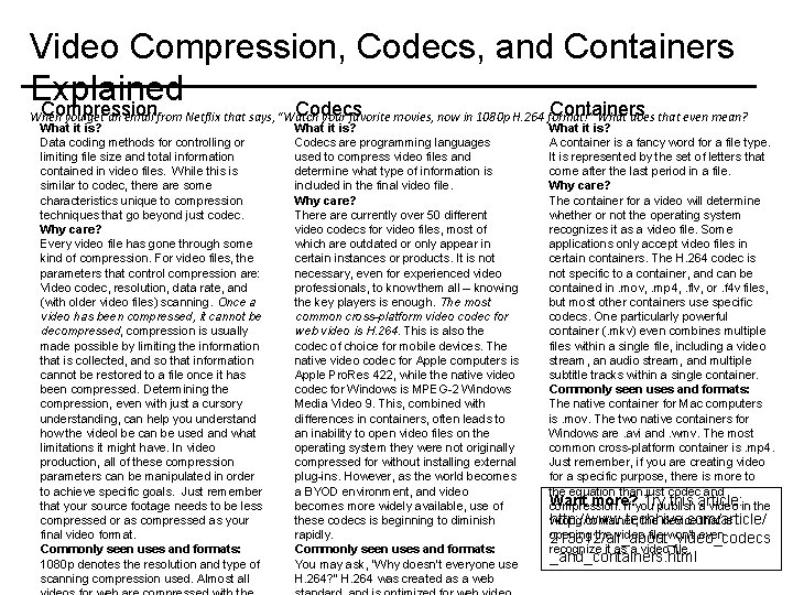 Video Compression, Codecs, and Containers Explained Compression Codecs Containers When you get an email