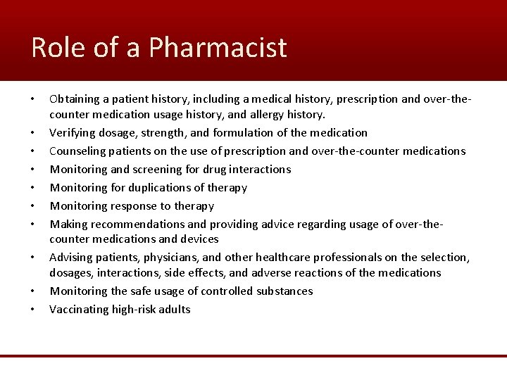 Role of a Pharmacist • • • Obtaining a patient history, including a medical