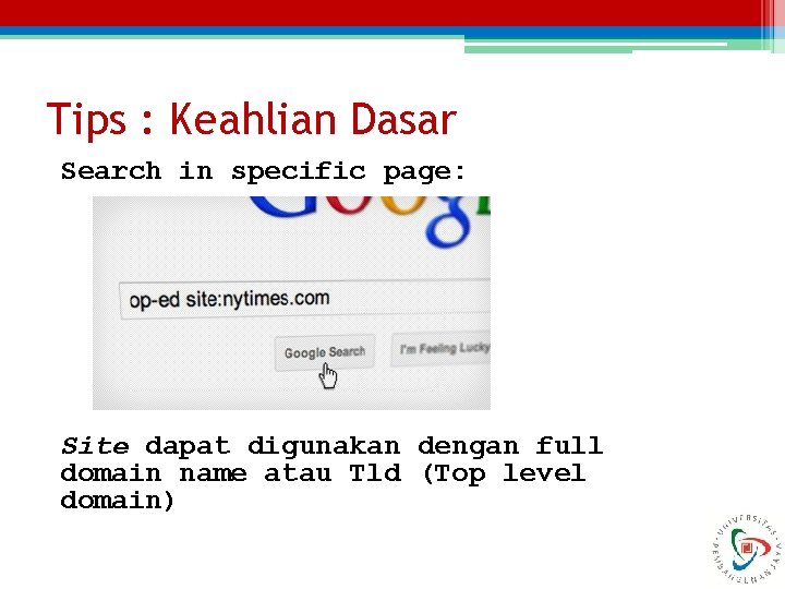Tips : Keahlian Dasar Search in specific page: Site dapat digunakan dengan full domain