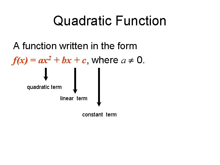 Quadratic Function A function written in the form f(x) = ax 2 + bx