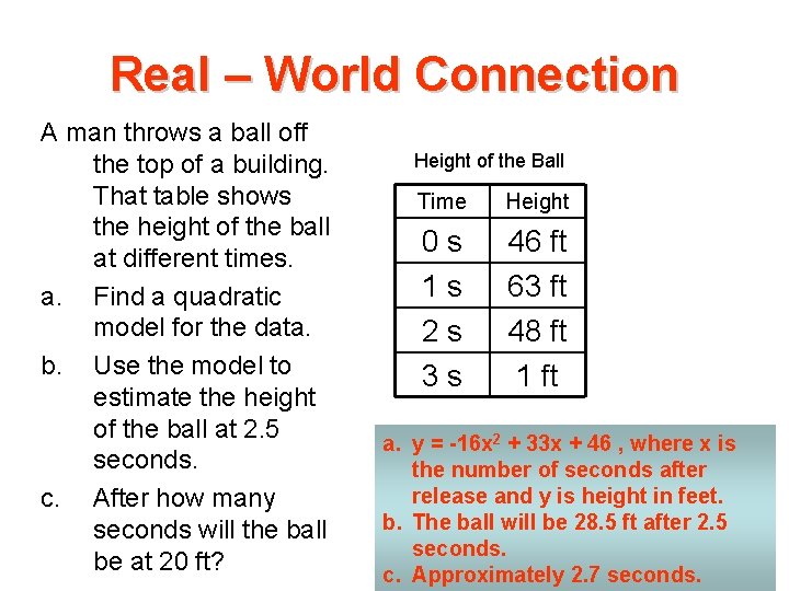 Real – World Connection A man throws a ball off the top of a