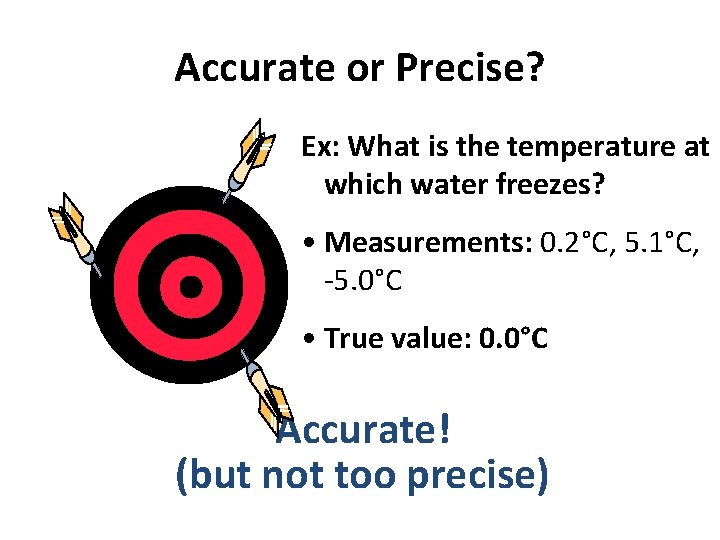 Accurate or Precise? Ex: What is the temperature at which water freezes? • Measurements: