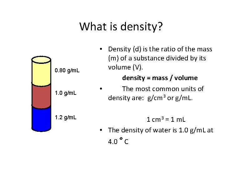 What is density? 0. 80 g/m. L 1. 2 g/m. L • Density (d)