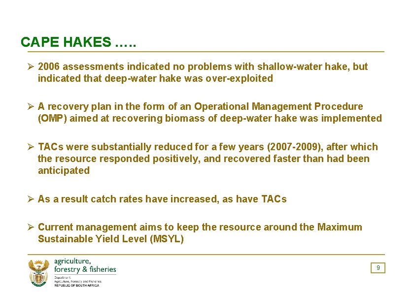CAPE HAKES …. . Ø 2006 assessments indicated no problems with shallow-water hake, but