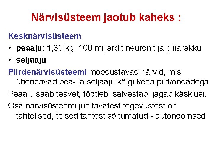 Närvisüsteem jaotub kaheks : Kesknärvisüsteem • peaaju: 1, 35 kg, 100 miljardit neuronit ja