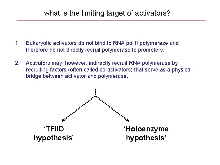 what is the limiting target of activators? 1. Eukaryotic activators do not bind to