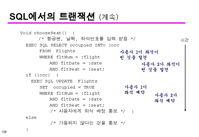 SQL에서의 트랜잭션 106 (계속) Void choose. Seat() { /* 항공편, 날짜, 좌석번호를 입력 받음