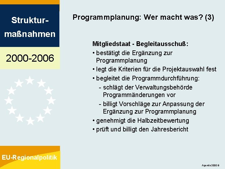 Struktur- Programmplanung: Wer macht was? (3) maßnahmen 2000 -2006 Mitgliedstaat - Begleitausschuß: • bestätigt Struktur- Programmplanung: Wer macht was? (3) maßnahmen 2000 -2006 Mitgliedstaat - Begleitausschuß: • bestätigt