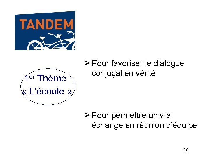 1 er Thème « L’écoute » Pour favoriser le dialogue conjugal en vérité Pour