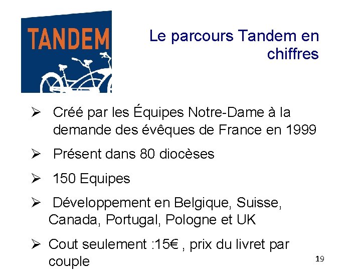 Le parcours Tandem en chiffres Créé par les Équipes Notre-Dame à la demande des