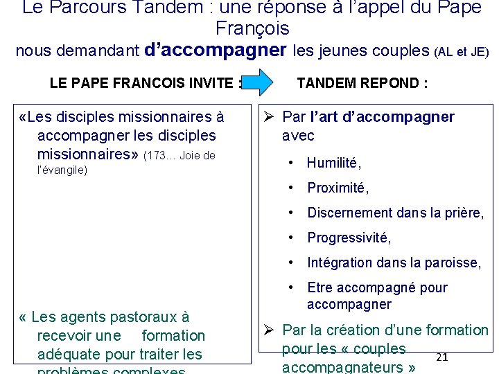 Le Parcours Tandem : une réponse à l’appel du Pape François nous demandant d’accompagner