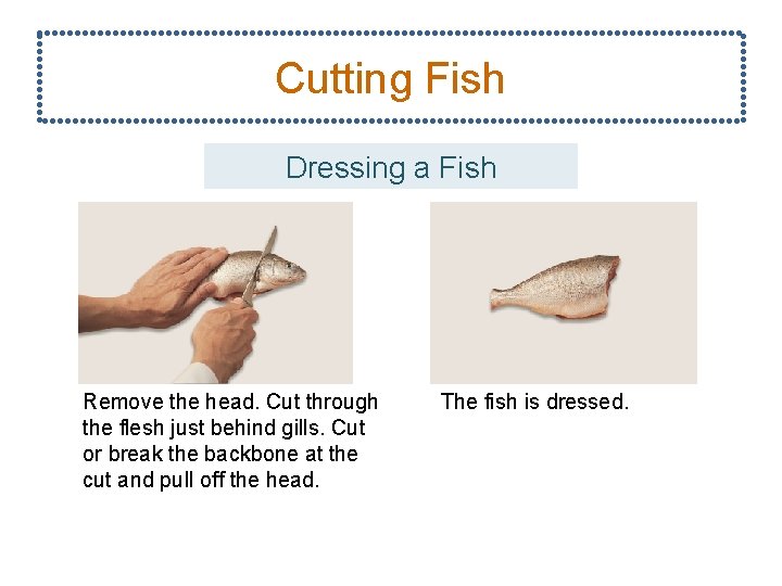 Cutting Fish Dressing a Fish Remove the head. Cut through the flesh just behind