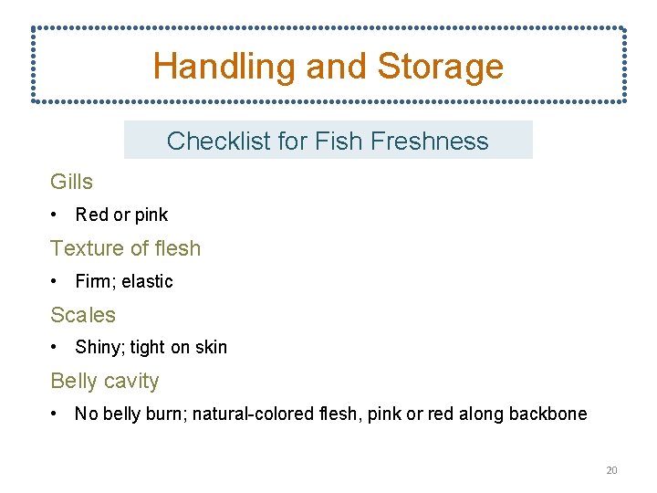 Handling and Storage Checklist for Fish Freshness Gills • Red or pink Texture of