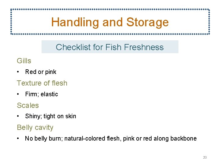 Handling and Storage Checklist for Fish Freshness Gills • Red or pink Texture of