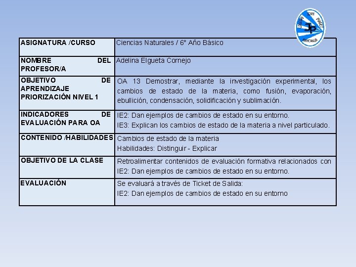 ASIGNATURA /CURSO NOMBRE PROFESOR/A Ciencias Naturales / 6° Año Básico DEL Adelina Elgueta Cornejo