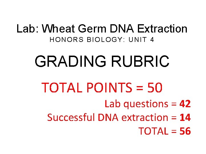 Lab: Wheat Germ DNA Extraction HONORS BIOLOGY: UNIT 4 GRADING RUBRIC TOTAL POINTS =