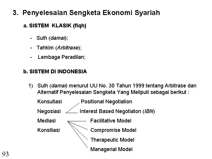 3. Penyelesaian Sengketa Ekonomi Syariah a. SISTEM KLASIK (fiqh) - Sulh (damai); - Tahkim