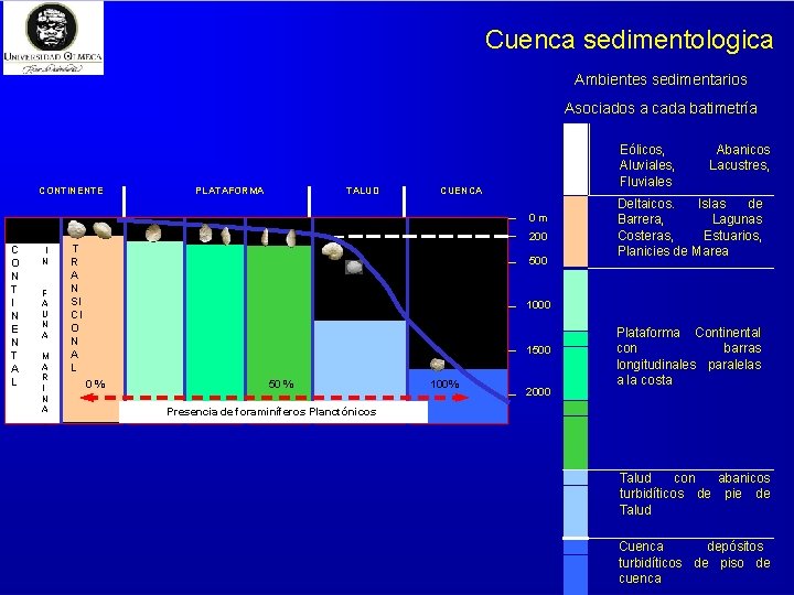 Cuenca sedimentologica Ambientes sedimentarios Asociados a cada batimetría CONTINENTE PLATAFORMA 30 m C O