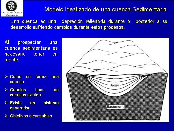 Modelo idealizado de una cuenca Sedimentaria Una cuenca es una depresión rellenada durante o