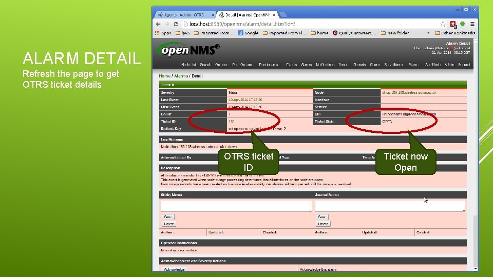 ALARM DETAIL Refresh the page to get OTRS ticket details OTRS ticket ID Ticket