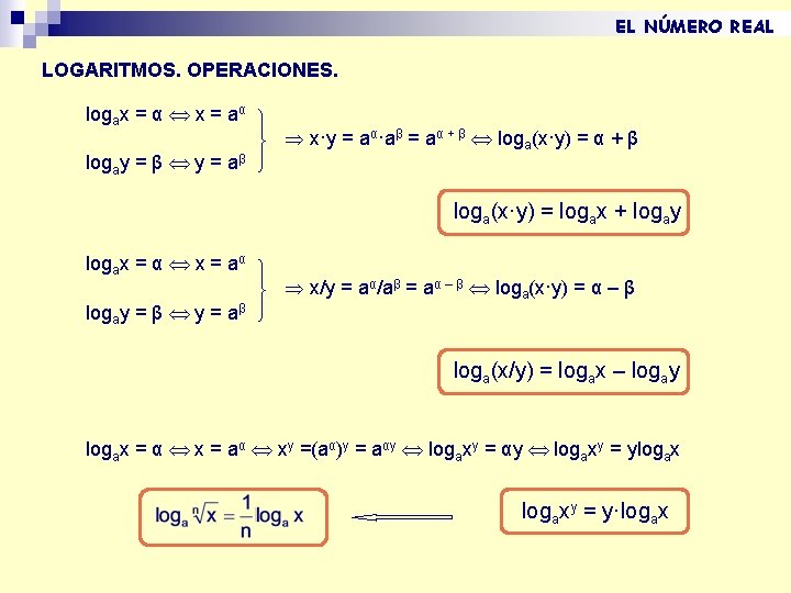 EL NÚMERO REAL LOGARITMOS. OPERACIONES. logax = α x = aα logay = β EL NÚMERO REAL LOGARITMOS. OPERACIONES. logax = α x = aα logay = β