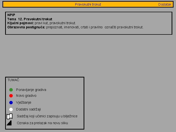 Pravokutni trokut NPIP Tema 12. Pravokutni trokut Ključni pojmovi: pravi kut, pravokutni trokut. Obrazovna