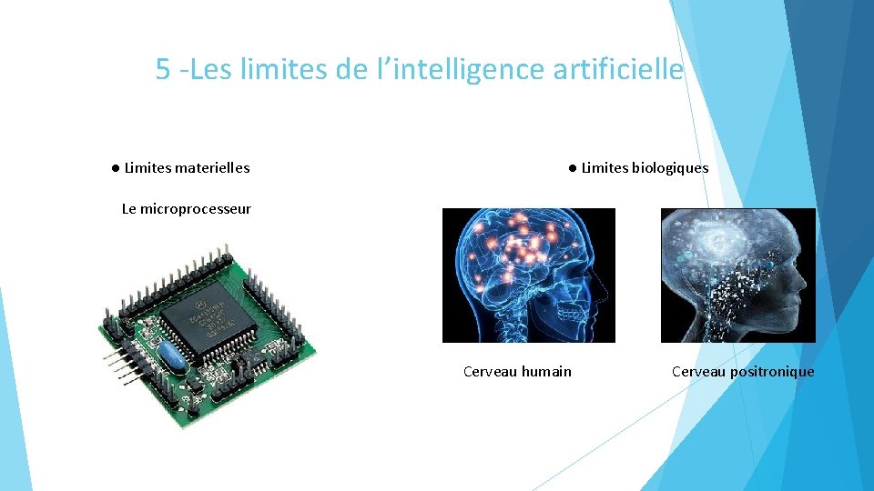 5 -Les limites de l’intelligence artificielle ● Limites materielles ● Limites biologiques Le microprocesseur