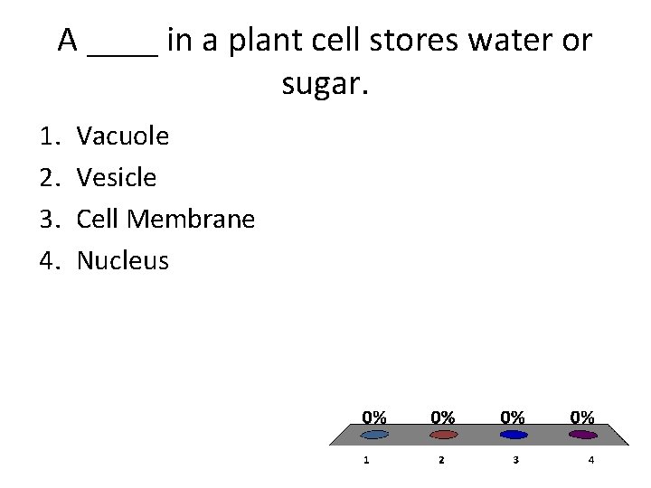 A ____ in a plant cell stores water or sugar. 1. 2. 3. 4. A ____ in a plant cell stores water or sugar. 1. 2. 3. 4.