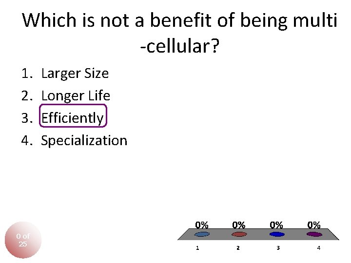 Which is not a benefit of being multi -cellular? 1. 2. 3. 4. 0 Which is not a benefit of being multi -cellular? 1. 2. 3. 4. 0