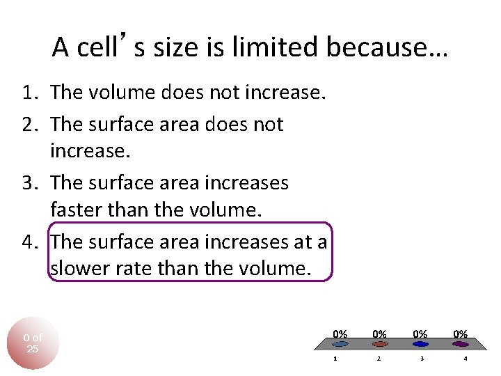 A cell’s size is limited because… 1. The volume does not increase. 2. The A cell’s size is limited because… 1. The volume does not increase. 2. The